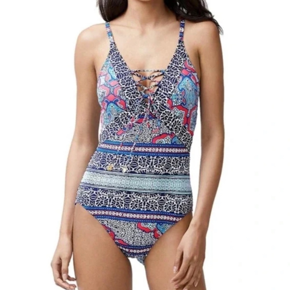 TOMMY BAHAMA RIVIERA TILES LACE‎ FRONT ONE-PIECE  NWOT​​​​​